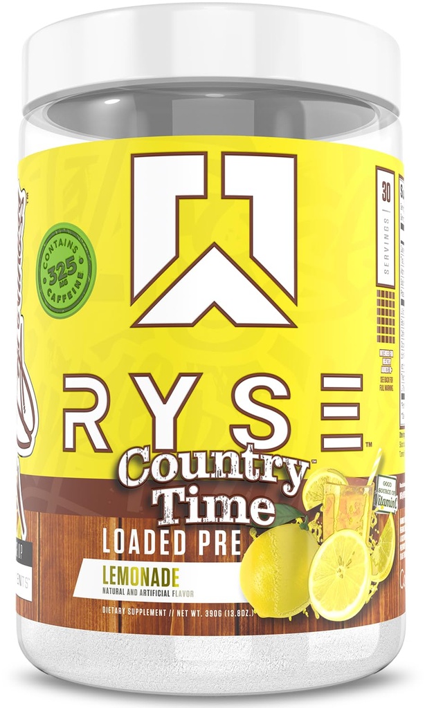 RYSE Ladattu Pre Treenout Powder - Country Time Lemonade - Daily Pre-Workout miehille & naisille 325 mg kofeiini, Beta Alanine, ja Citulline Pump, Focus, ja energia - 30 Servings