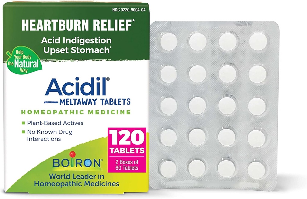 Boiron Acidil -tabletit happorefluksin, närästyksen, ruoansulatushäiriöiden ja vatsavaivojen lievittämiseen - 120