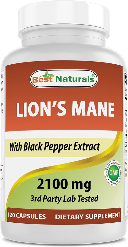 Best Naturals Lions Mane Mushroom Supplement 2100mg - 120 kapselia - Tukee mielen kirkkautta, Focus & Immuuniterveys - Lisätty musta paprika maksimaalisen imeytymisen