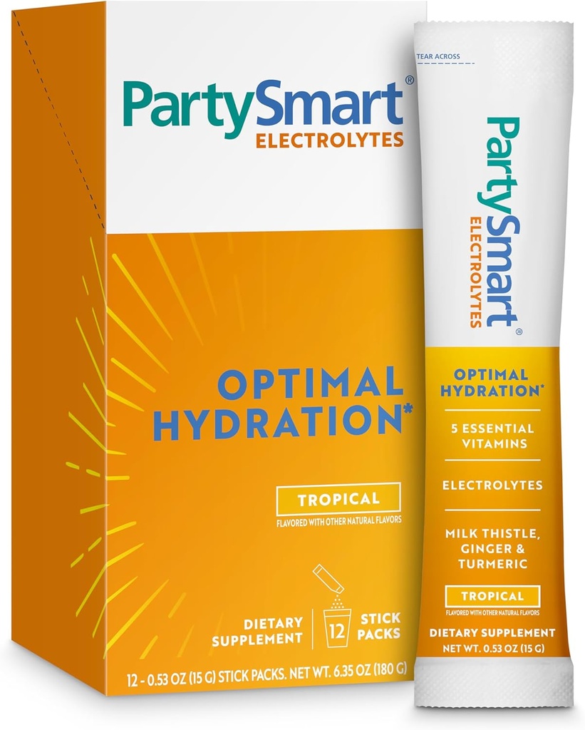 Himalaya PartySmart Tropical Electrolytes Powder Packets, 12 Count, Stöder Hydration, Rehydrat med Natrium & Kalium, Vitamin C & More, Antioxidant Recovery Blend Milk Thistle, Ginger & Turmeric