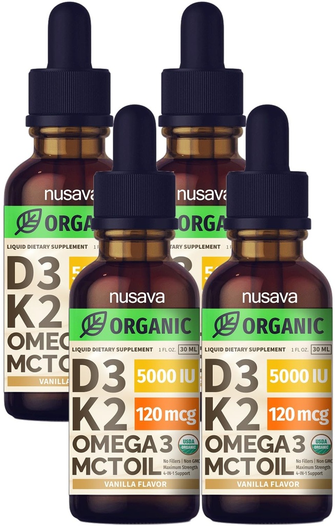 (4 pakkaus) Orgaaninen D3-vitamiini K2-tippa MCT-öljyllä Omega 3, 5000 IU, Maximum Strength D-vitamiini neste - Ei täyttöaineita, ei-GMO-neste D3 nopeampaa imeytymistä ja immuunitukea varten (Vanilla, 4 Fl Oz)