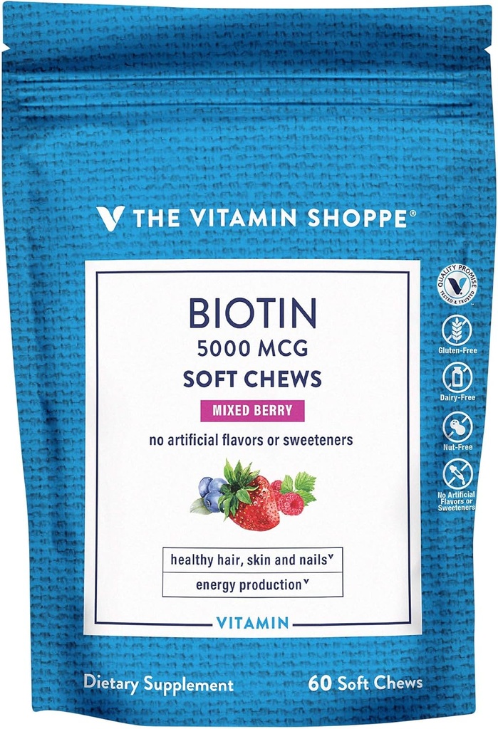 Vitamiini Shoppe Biotin pehmeä pureskella hiukset, ihon ja kynsien tuki - 5 000 mcg - Mixed Berry (60 pehmeä purukumia)
