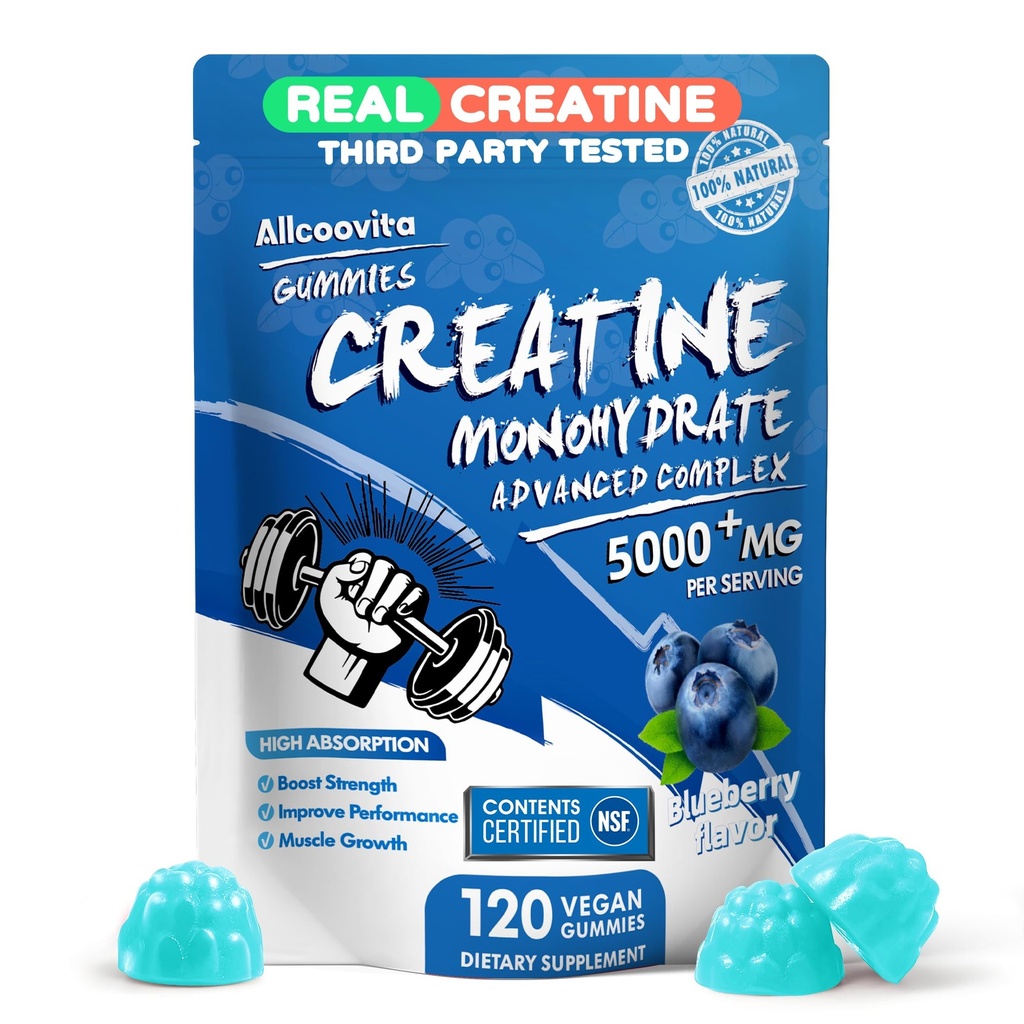 Kreatinmonohydrat Gummies Komplex för Män & Kvinnor - 120 Gummies Avancerad Formel, L-Taurin + Vitamin B12 för muskelstyrka, muskelbyggare, energiökning, Pre-Workout Supplement -Blueberry