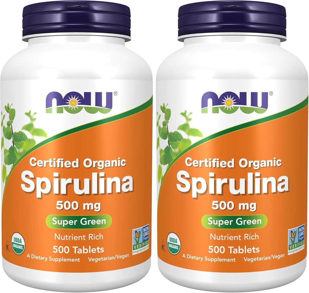 NOW Supplements, Organic Spirulina 500 mg med vitaminer, mineraler och GLA (Gamma-Linolenic Acid), 500 tabletter (Pack of 2)