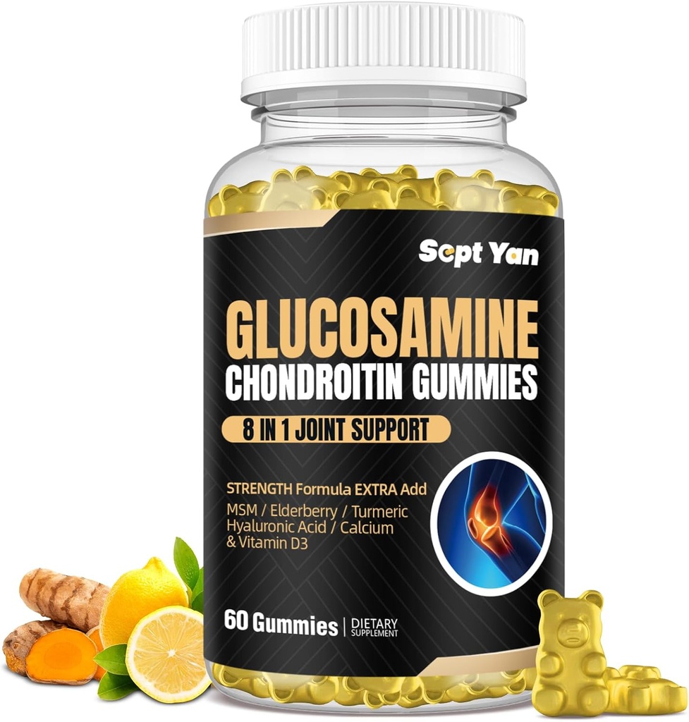 Glukosamiini Chondroitin Gummies - 60 Joint Support Lisäravinteet - 1500 mg Extra Strength MSM, Elderberry, Turmeeric - Cartilage & Immuuni Tuki aikuisille, Miehet & Naiset Vegan - Helppo niellä