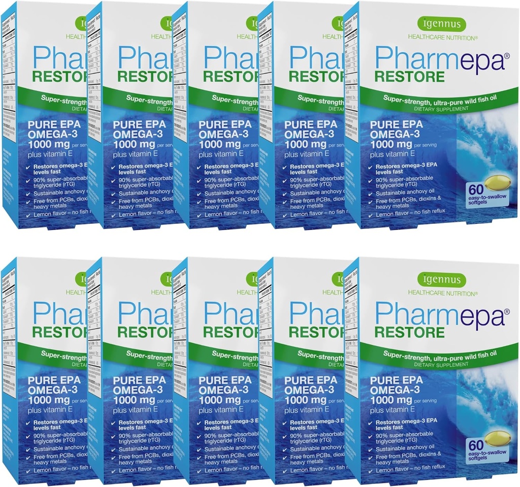 Igennus Pharmepa Restore, Pure EPA 1000mg, Omega 3 rTG Fish Oil, IFOS Certified, High Absorption, 90% Concentration Triple Strength, Wild & Sustainable, Lemon Flavor, 10 kuukauden toimitus, pakkaus 10