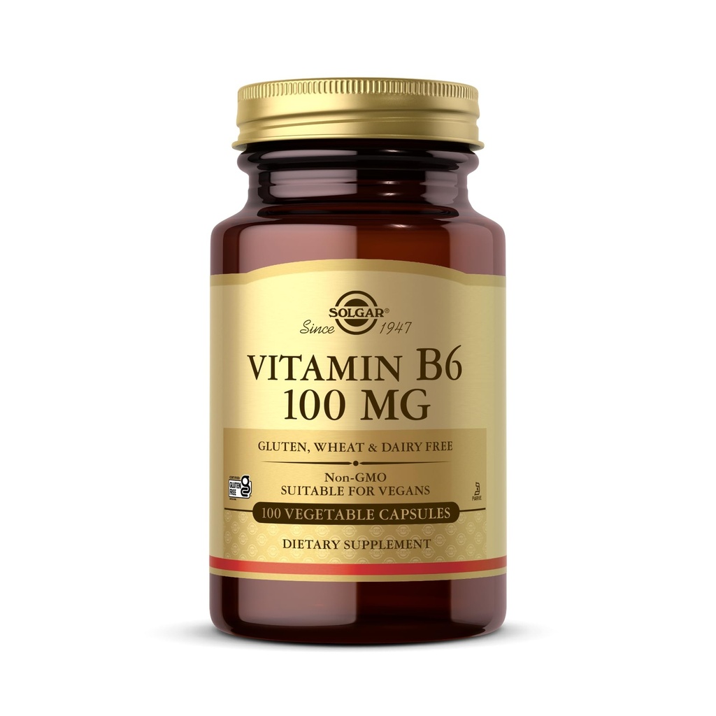 Solgar-vitamiini B6 100 mg - 100 kasvikapselia - ei-muuntogeenisiä organismeja, vegaanisia, gluteenittomia, maitotuotteettomia, Kosher, Halal - 100 tarjoilua