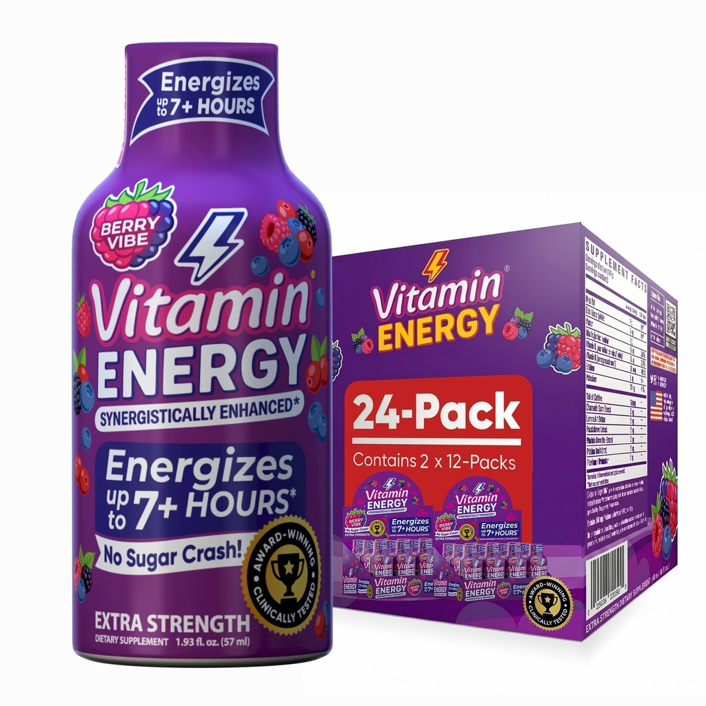 Vitamin Energy Mood+ Extra Strength Energy Shot Tropical Berry 24 Pack, 260mg Natural Caffeine, B-Vitamins, Rhodiola, Chamomile, Mood & Energy Support, Zero Sugar, Gluten-Free, Vegan, 1,93 fl oz