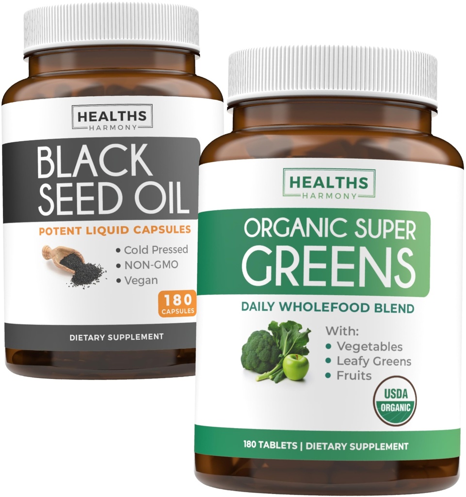 Black Seed Oil & Organic Super Greens (3-månaders leverans) Seed & Sprout Bundle of Black Seed Oil (180 kapslar) Cold-Pressed Nigella Sativa & Organic Super Greens Powder (180 tabletter) Komplett Superfood