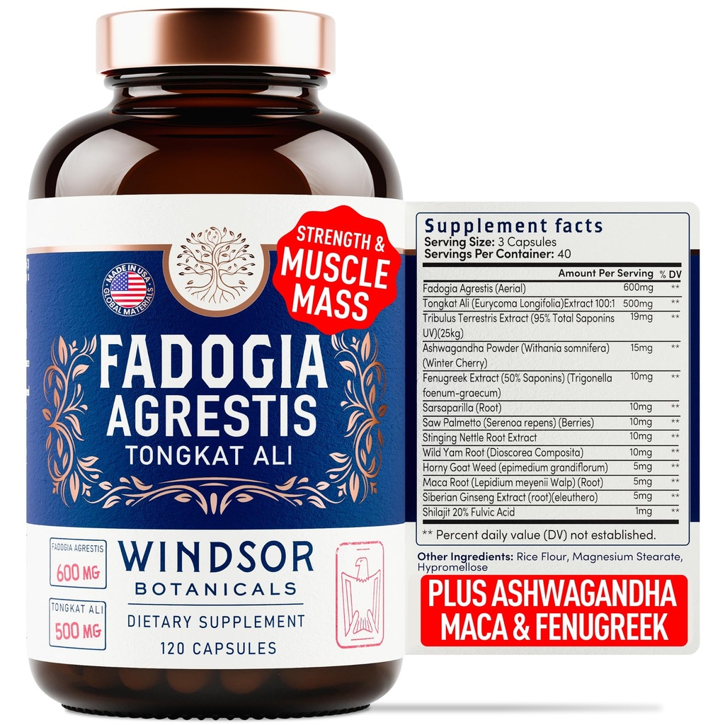 Fadogia Agrestis och Tongkat Ali Supplement - Fadogia Agrestis 600mg, 500mg Longjack Tongkat Ali för män, Maca Root, Fenugreek, Ashwagandha, Saw Palmetto för att stödja energi, Stamina, Vitality - 120Caps