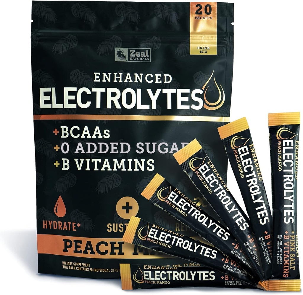 Enhanced Electrolyte Powder (Peach Mango 20pk.) w 0 Sokeri + BCAAs + B-vitamins Elektrolyytti Supplement w Kalium Sinkki & Magnesium for Hydraation - Keto Elektrolyytit