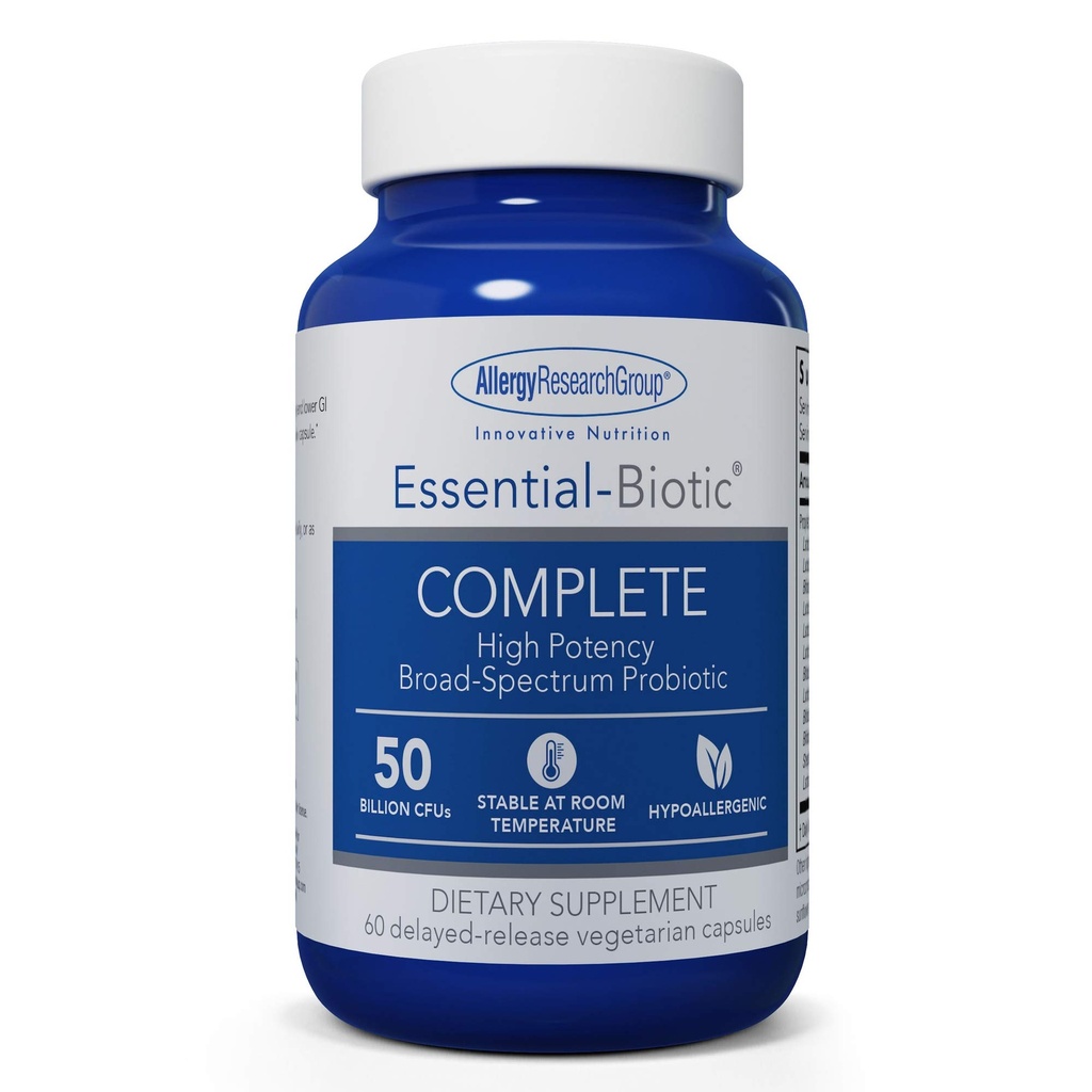 Allergiatutkimusryhmä Essential-Botic Complete Supplement - High Potency Probiotics for Men & Women, tukee Gut & Dgestive Health, 50 miljardia PMY, Viivästynyt kasvissyöjä Kapselit - 60