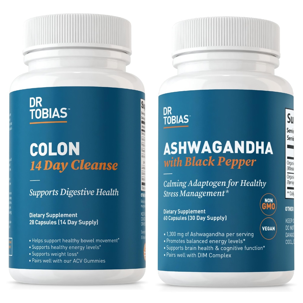 Tobias Colon 14 Day Cleanse ja Ashwagandha-kapselit, Colon Cleanse Detox ja Calming Adaptogen, tukee energiaa ja immuuniterveyttä, ei GMO