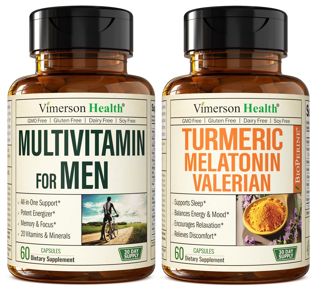 Mens Multivitamiinit + Turmeerinen melatoniini Valerian Bundle yhteisen tuen ja epämukavuuden lievittämiseksi, immuuniterveyden ja tulehtumisen hoitoon