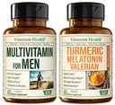 Mens Multivitamiinit + Turmeerinen melatoniini Valerian Bundle yhteisen tuen ja epämukavuuden lievittämiseksi, immuuniterveyden ja tulehtumisen hoitoon
