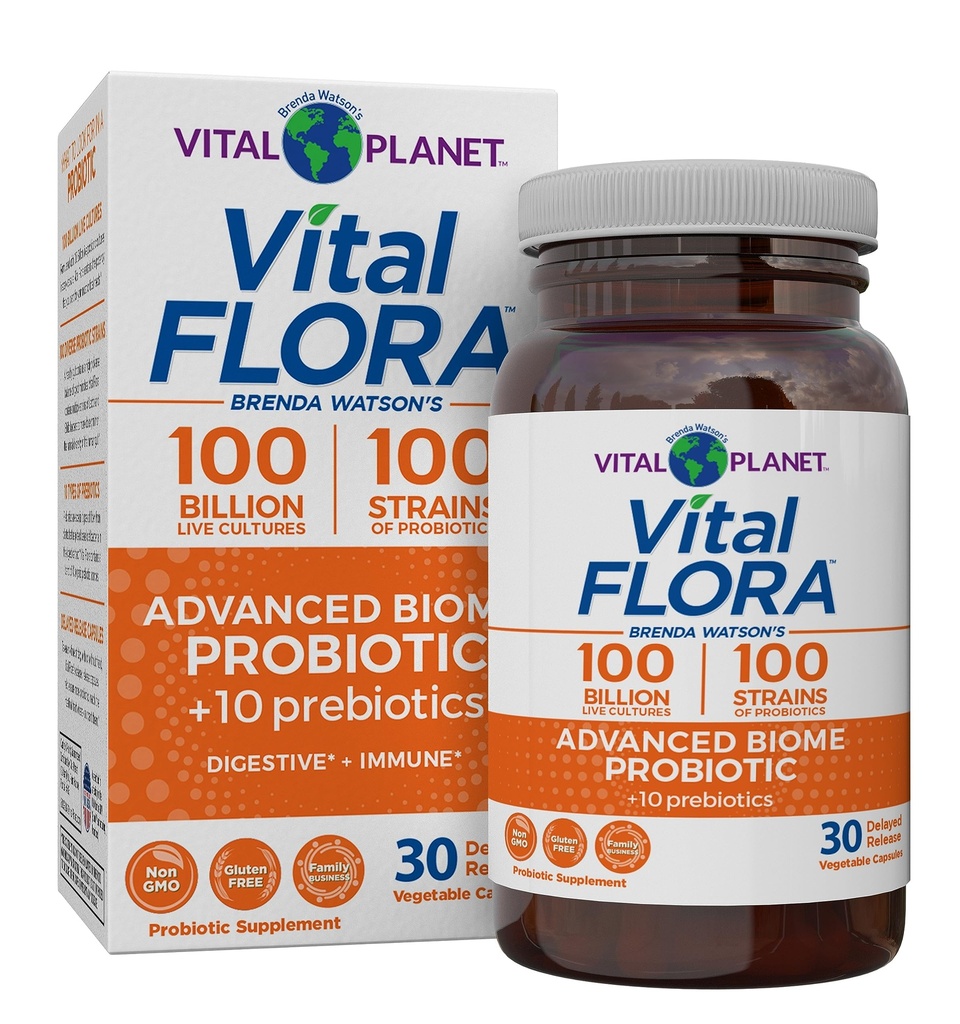 Vital Planet - Vital Flora Advanced Biome Probiotic 100 Billion CFU, 100 Diverse Strains, 10 Organic Prebiotics, Immune Support, Colon och Digestive Health Probiotics för kvinnor och män 30 kapslar