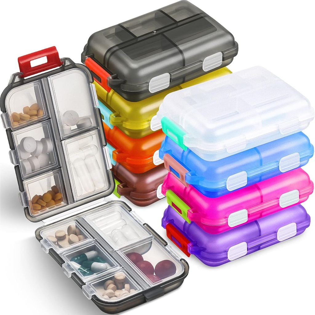 Meekoo 8 Pcs Travel Pill Organizer Pocket Portable Pill Case Daily Container Small Container Medicine Travel med 10 Compartments för Purse Fish Oil Medicine (Multicolor)