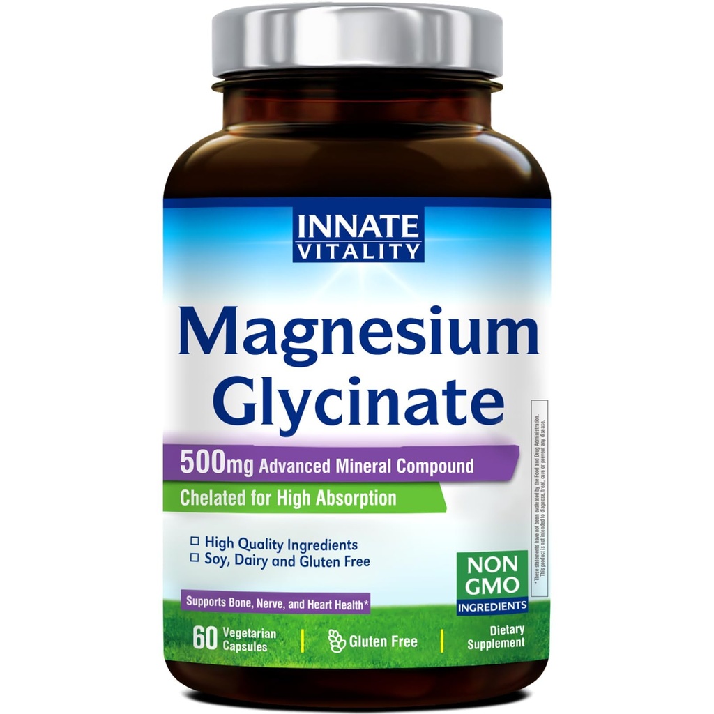 Luonnollinen elinkyky Magnesium Glycinate 500 mg ... 70 mg elementtinen magnesiumlisä... suuri imeytyminen, puskuroimaton, muu kuin gluteeni - Nerve, Bone & Heart Health - 60 vegan kapselit Magnesio
