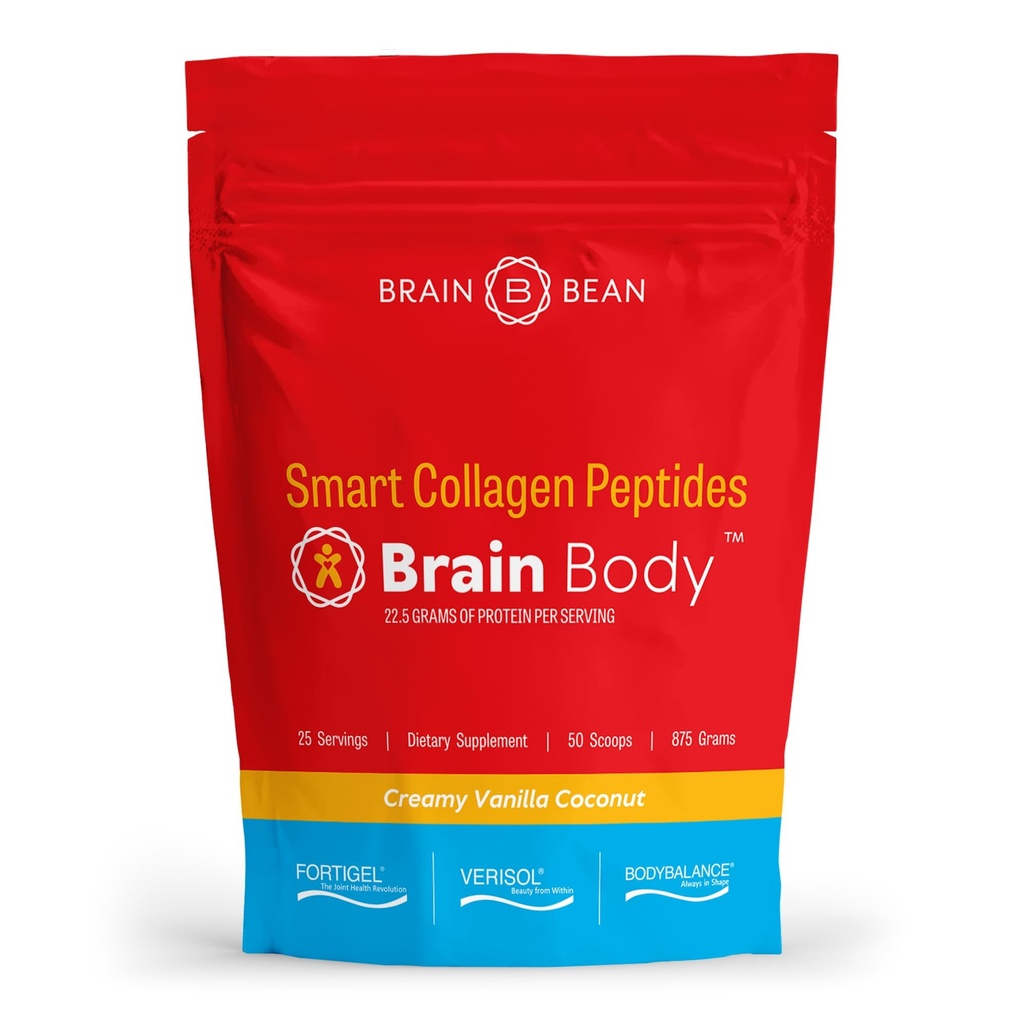 Brain Body Collagen Peptides Powder - Vital Protein & Collagen Supplement for Women & Men - Hydrolysed tyyppi I & III hiukset, iho, kynnet ja yhteinen terveys - 25 Tarjoilut - Creamy Vanilla Coconut - 875g