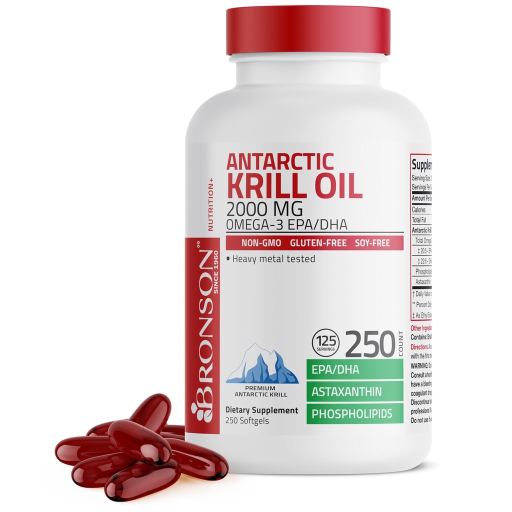 Bronson Antarktis Krill Oil 2000 mg Omega-3s EPA, DHA, Astaksantiini ja fosfolipidit, 250 Softgels (125 tarjoilua)