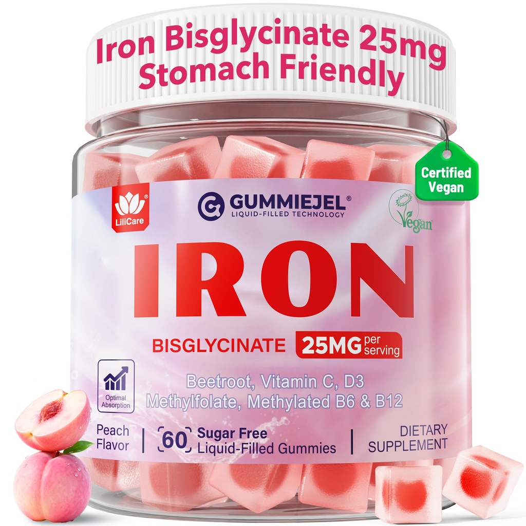 Vegan Iron Supplement for Women 25mg, Sokeriton Iron Gummies kanssa C-vitamiini, Methy B12, Folaatti energia Boost, Rautapuutos, Ei After maku, Persikka maku - 60 Count (Pakkaus 2)