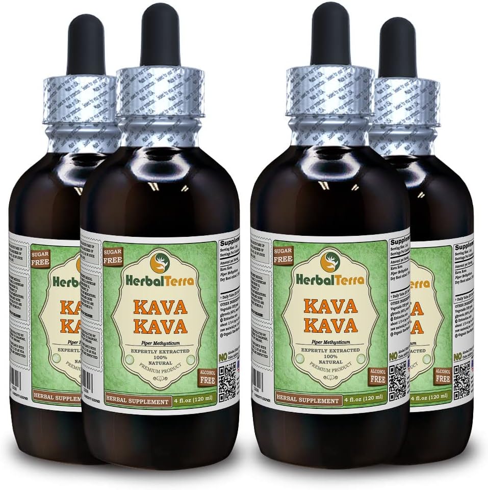 Kava Kava (Piper Methysticum) Glyseriitti, kuivattu juuri alkoholiton nesteuute (Brandin nimi: HerbalTerra, ylpeästi valmistettu USA:ssa) 4x4 fl.oz (4x120 ml)