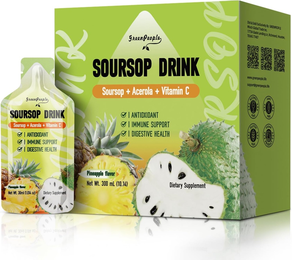 GREENPEOPLE Soursop & Acerola Liquid Supplement Drink, Soursop Bitters Liquid, Immuuni boosting C-vitamiinia juoma, nopea imeytyminen, Vegan, ei-GMO, 10 Packets