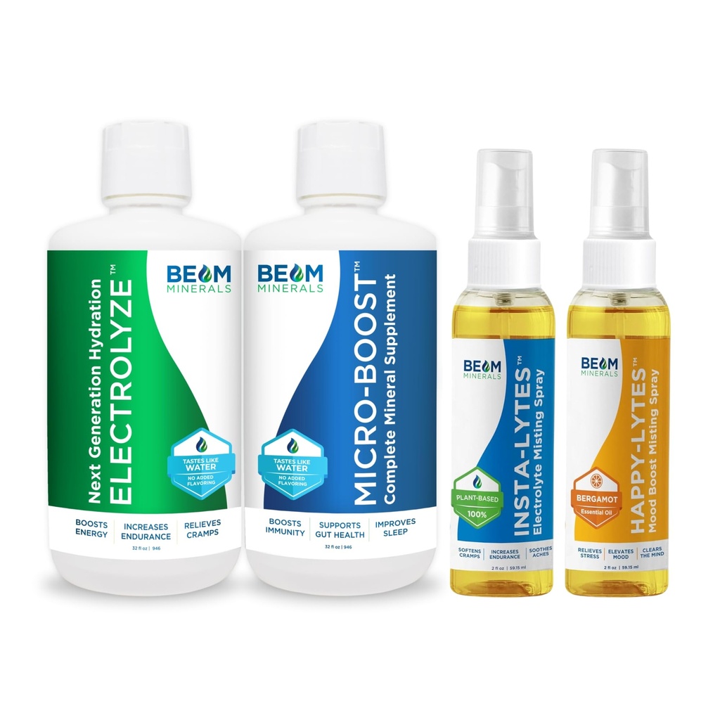 Beam Minerals Micro-Boost Mineral Blend & Electrolyze Liquid ja Insta-Lytes Natural Liquid Electrolytes 2oz ja Happy-Lytes Fluvic Electrolyte Misting Spray 2oz