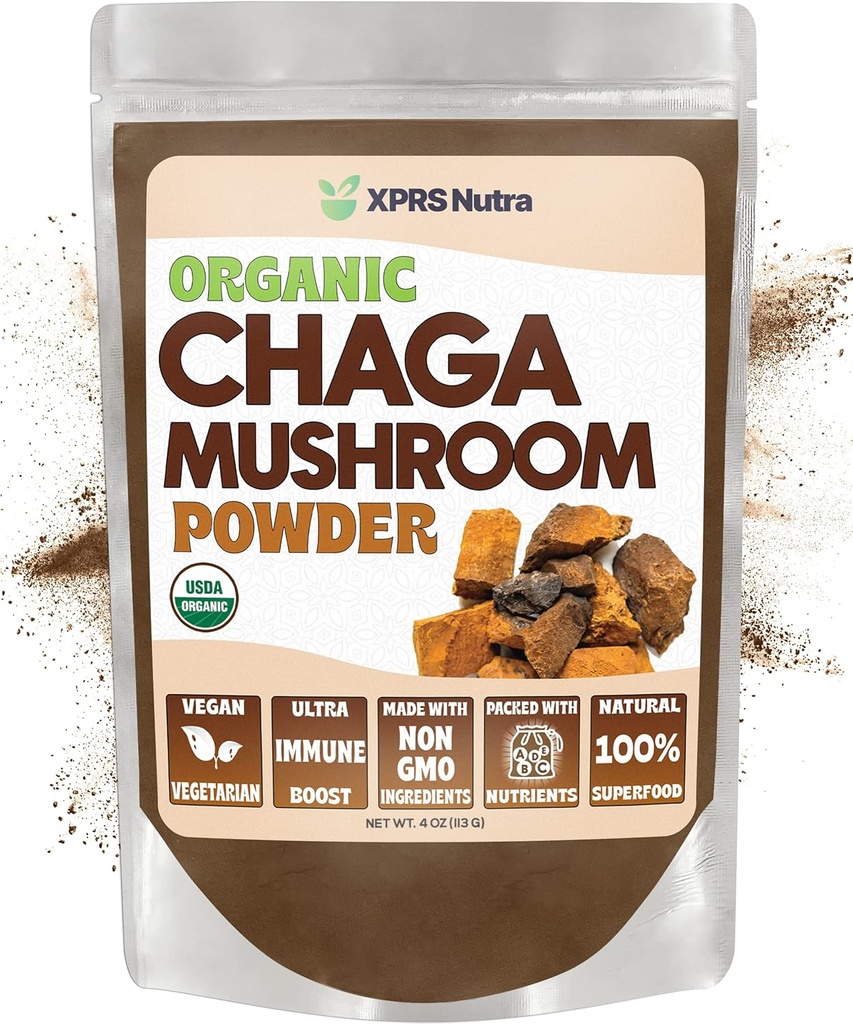 XPRS Nutra Organic Chaga Mushroom Powder - Premium USDA Organic Chaga Mushrooms Powder - Chaga Powder for Immunet - Vegaani Superfood for Chaga Tea and Beverly (4 Ounce)