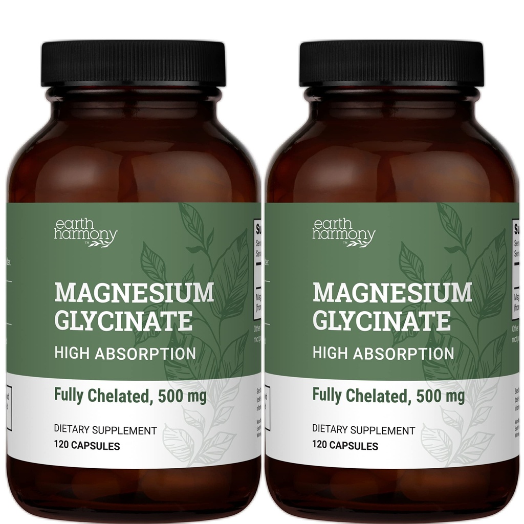 Earth Harmony kelated Magnesium Glycinate 500mg - 120 kapselia (2-pakkaus, 1000 mg Yhteensä)