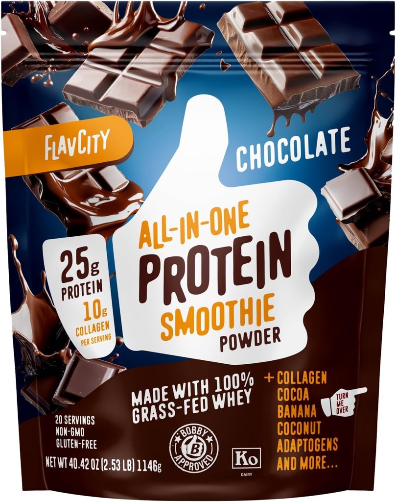 FlavCity Grass Fed Whey Chocolate Protein Powder - 25g Protein & 10g Collagen - valmistettu luomu kaakao, banaanit ja kookosmaito - gluteeniton & ei lisättyä sokeria (20 tarjoilua)