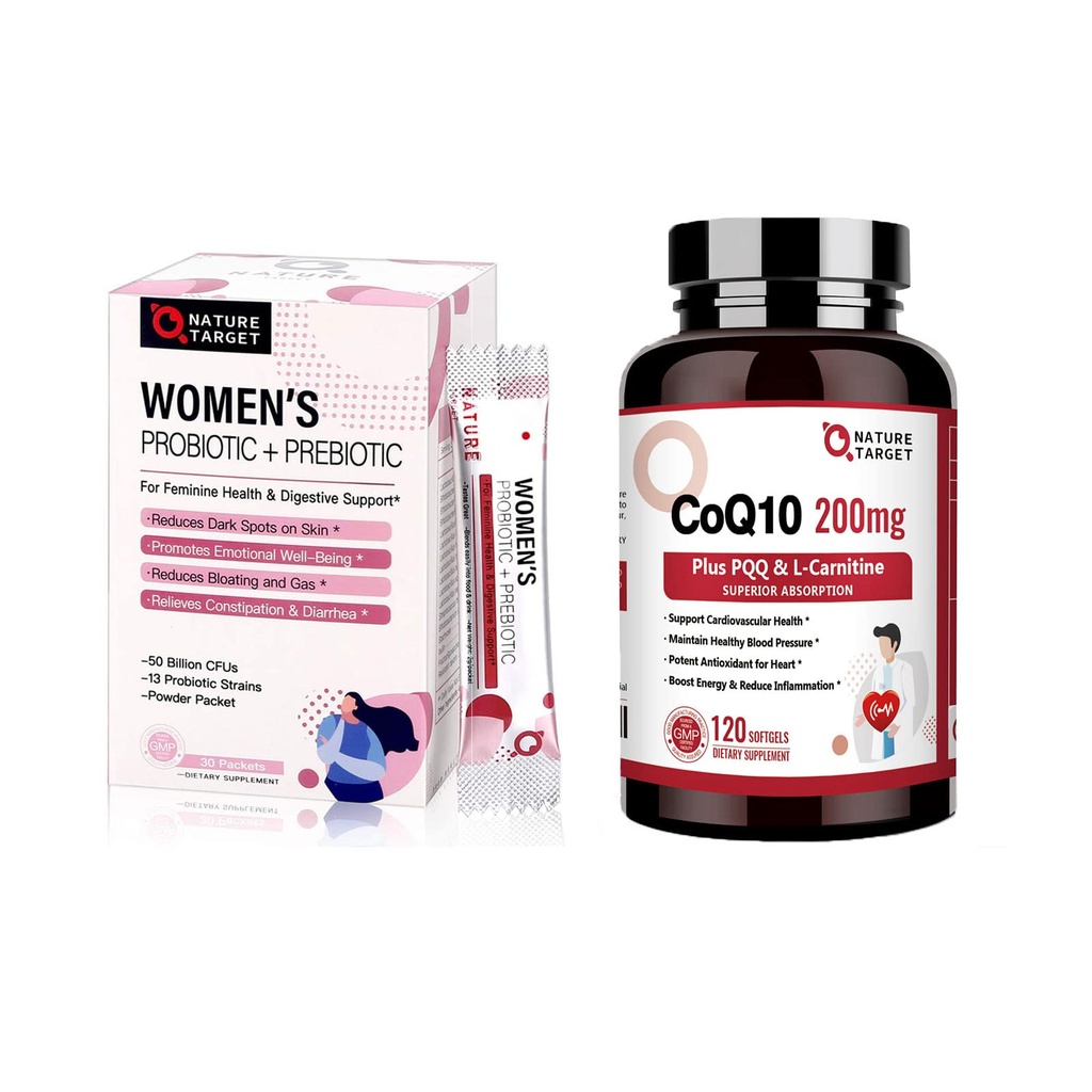 NATURAL TARGET Probiootit Powder Supplement for Women & CoQ10-200mg with PQQ L-karnitiini & Omega-3s High Imeytyminen
