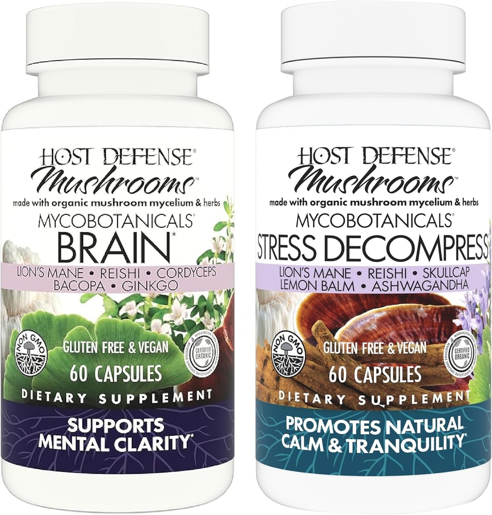 Host Defense Bundle med MycoBotanicals Brain* Capsules, 60 Count & MycoBotanicals Stress Decompress* Capsules, 60 Count - Support Memory & Focus - Support Relaxation*
