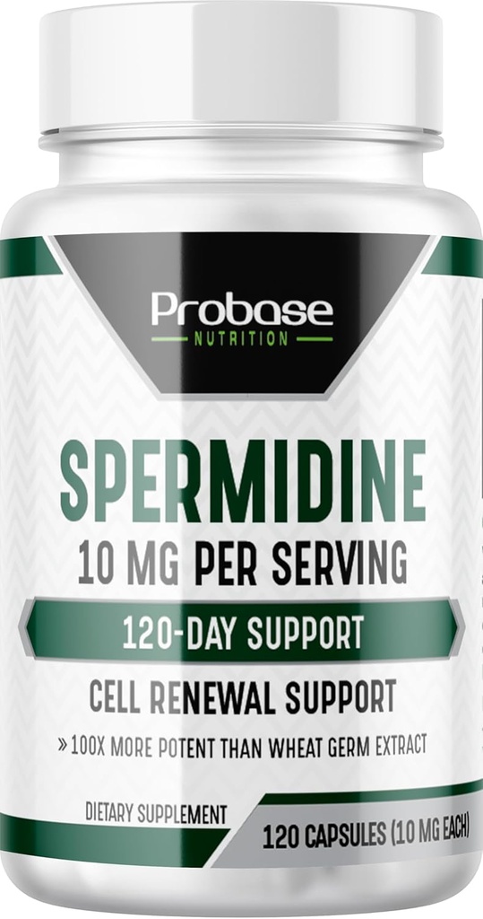 Probase Nutrition Spermidiini (10 mg 99% Spermidiini 3HCL - Kolmas osapuoli testattu) 120 kapselia - 100x Enemmän Potent Than Wheat Germ Extract, Telomere Health ja ikääntyminen 120-päivä tarjonta - yhtä tehokas kuin NMN