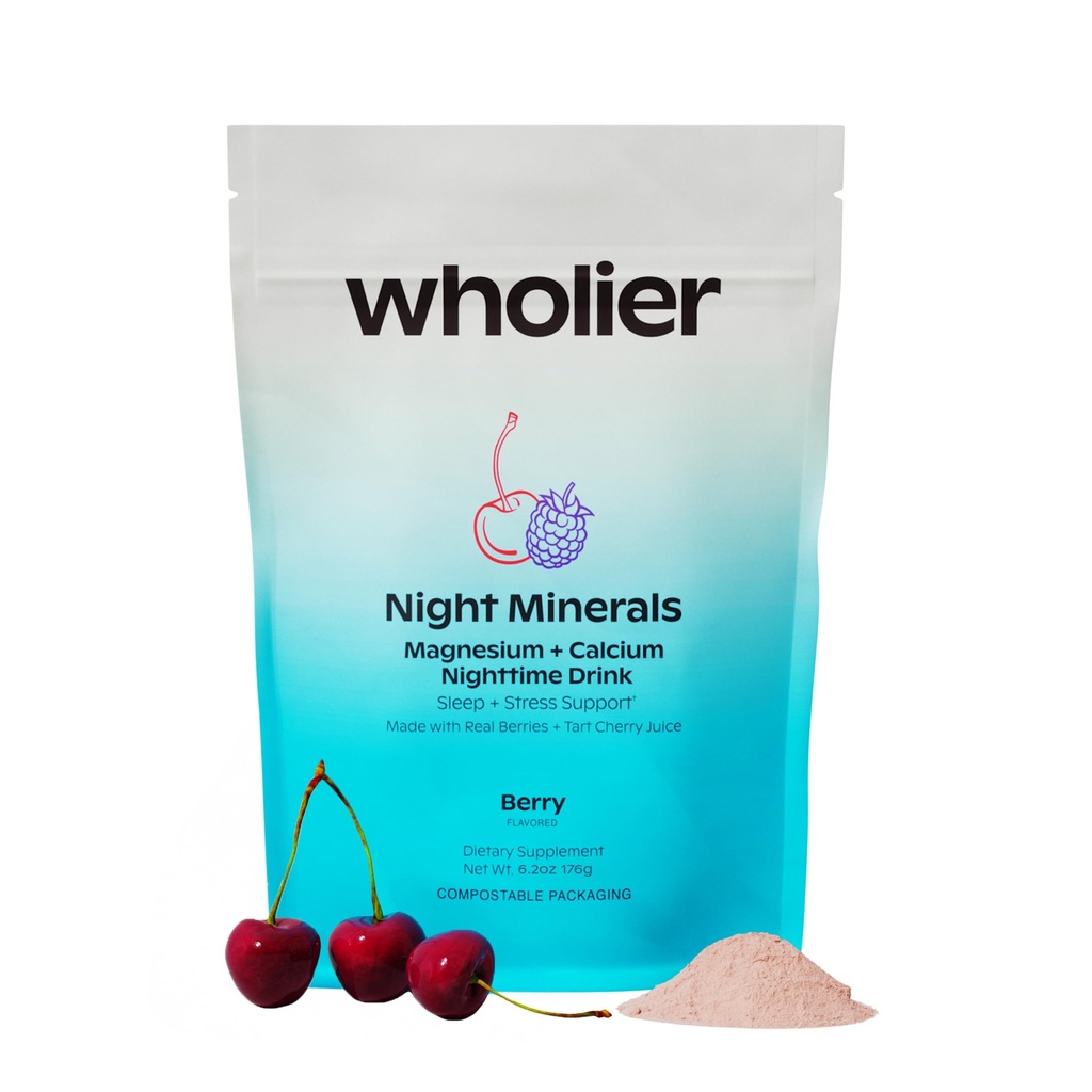 Wholier Magnesium Glycinate, Tart Cherry Juice, kelated Kalsium. Rauhoittava yöjuoma. Luonnon tuki uni, stressi + rentoutuminen. Night Minerals. (30 palvelinta)