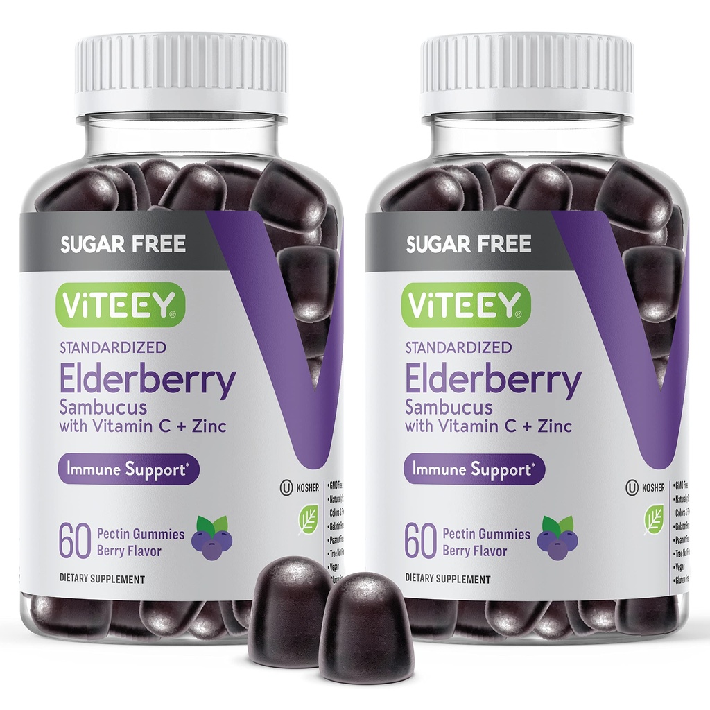 VITEEY Sambucus Elderberry Gummies for Aikuinen & Teini + Sinkki & C-vitamiini - Sokeriton - Immuunituki & Booster Herbal Supplement - Vegaani, Gluteeniton, Liivate, GMO-vapaa, pureskeltava Berry Flavored