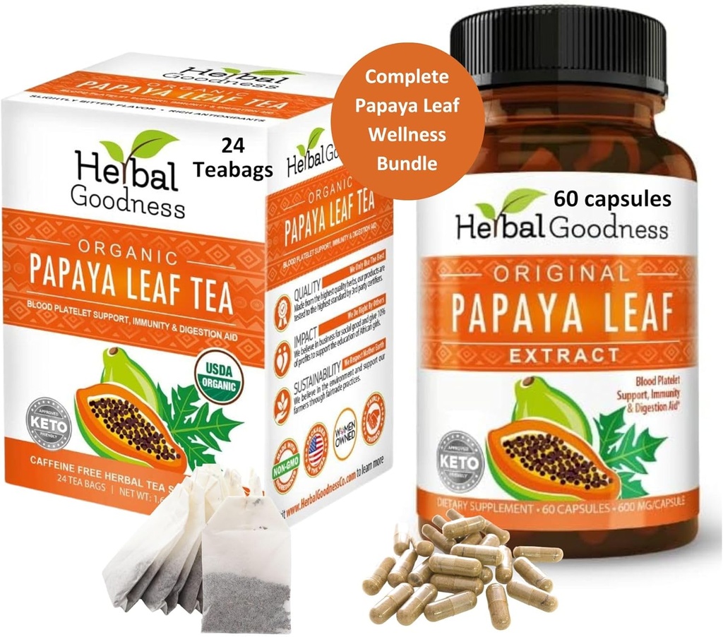 Papayan Leaf Extract Kapseli ja Papayan Leaf Tea Bundle - Täysin tukea Immuuniter Health ja Ruoansulatuselimistö