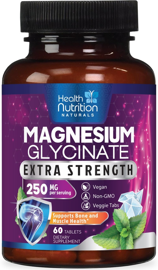 Magnesium Glycinate 250 mg - 100% kelated magnesium Max Imeytyminen - Sleep Support, Lihas, Hermot, Bone & Heart Health Support, Paras Mag Supplement, Vegaani non-GMO, 3. osapuoli testattu - 60 tablettia