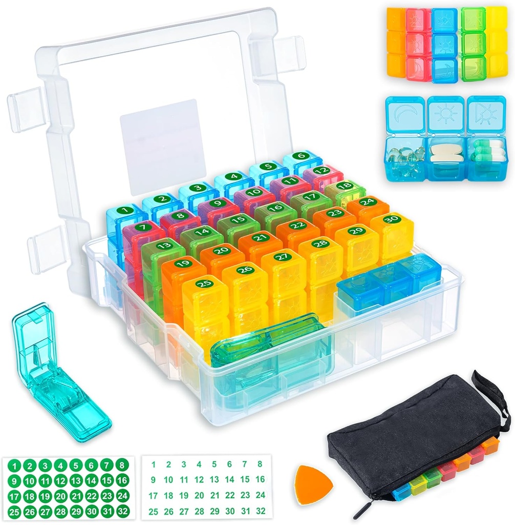 Månatlig Pill Organizer 3 gånger per dag med 31-dagars fuktsäkra låda, vecka Pill Bag, Pill Cutter, Stickers, Plastic Opening Pick for Easy Use, Convenient Daily Medication Management (vit)