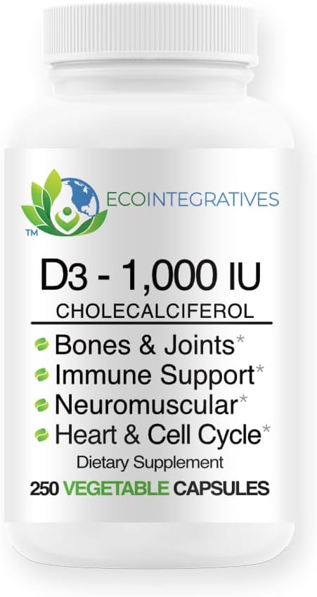 Vitamin D3-1000 IE 25 mcg (Cholecalciferol) Hypoallergent stöd för muskler, ben och tänder, bröst, prostata, kardiovaskulär, kolon och immunhälsa (250 Veggie kapslar)