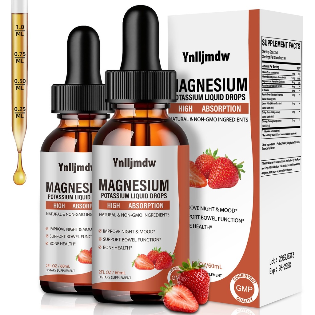Magnesium Glycinate Liquid Drops, 1000 mg Liquid Magnesium Supplement, jossa on bromaiini, B6-vitamiini C D, suuri imeytyminen Magnesium Complex yölle, Lihas- ja energiatuki, 2 Fl Oz (pakkaus 2)
