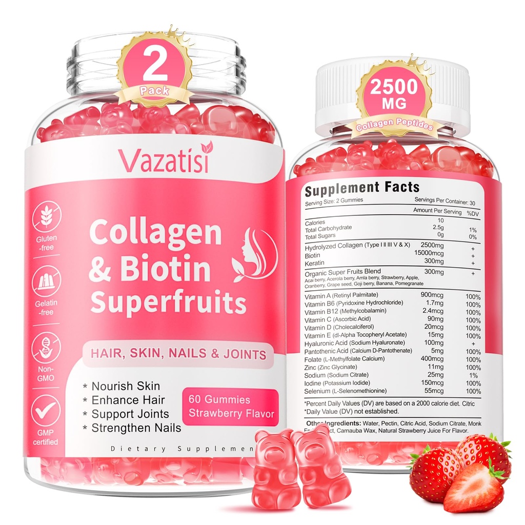 2 Pack Sokeriton kollageeni Gummies naisille Miehet, Multi Collagen Peptides Gummies tyyppi I II III V X kanssa Biotiini A B C D E hiusten ihon kynnet, mansikka maku 120 kreivi