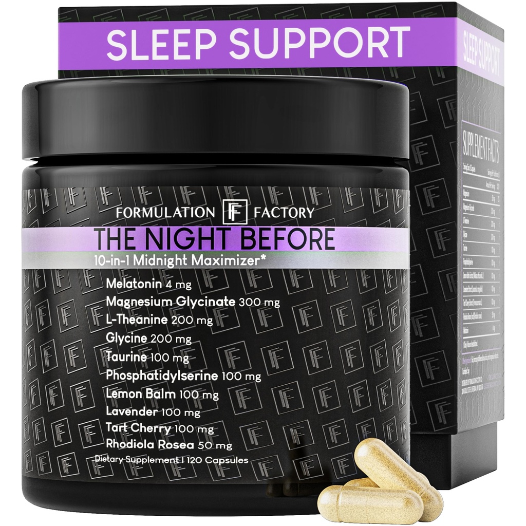 The Night before 10-in-1 Midnight Maximizer uniapu, stressin lievittäminen, kognitio, rentoutuminen, toipuminen, Focus, Magnesium Glycinate, L-Theanine & More (120 kapselia 2 kuukauden toimitus)