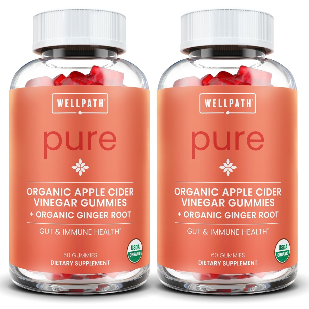 WellPath Pure ACV Gummies (2 Pack) - Apple Cider Vinegar med mamma - USDA Organic Gummy med Ginger för Gut Health | Vegan, Non-GMO, 120 Ct