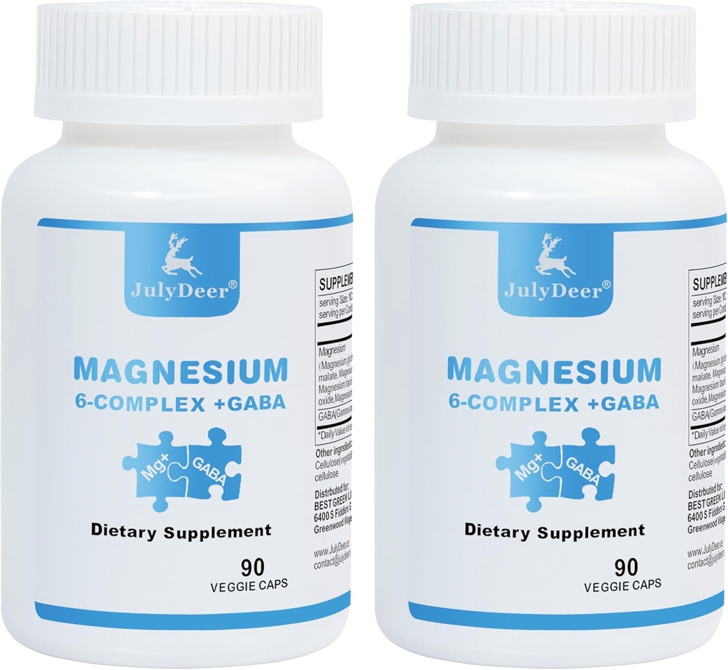 2 Bottles Sixfold Magnesium Complex | 350mg Magnesium Glycinate, Malate, Citrate, Taurine, Oxide, L-threonate för muskler, nerver, och energi, GABA Sleep Support | Hög Absorption | Vegan | 90 kapslar
