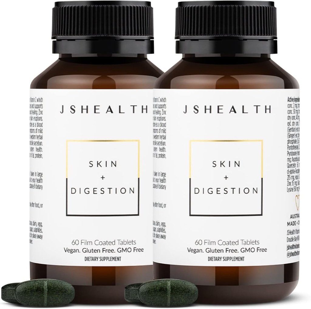 JSHealth-vitamiinit Iho ja digestio Formula Skin Vitamiinit . Kirkas iho täydentää sinkki akne. Akne täydentää kirkas terve iho. Akne hoito teini-ikäisille ja aikuisille. 120 Count