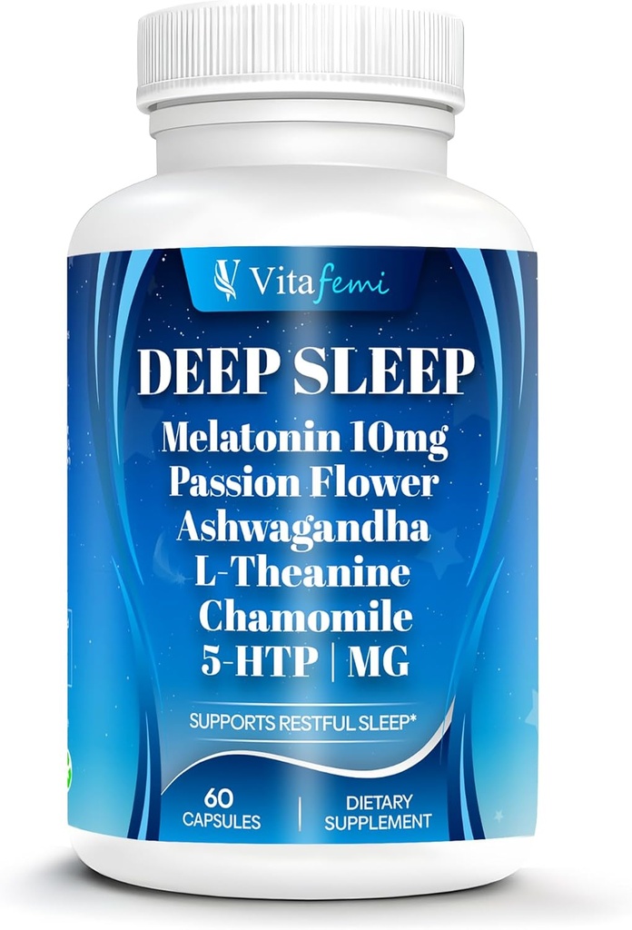 18-in-1 Melatoniini 10 mg, Natural Deep Sleep Supplement for Adults, Non-Habit Forming, Ashwagandha, L-Theanine, Magnesium, Kamomilla, 5-HTP, ei-GMO