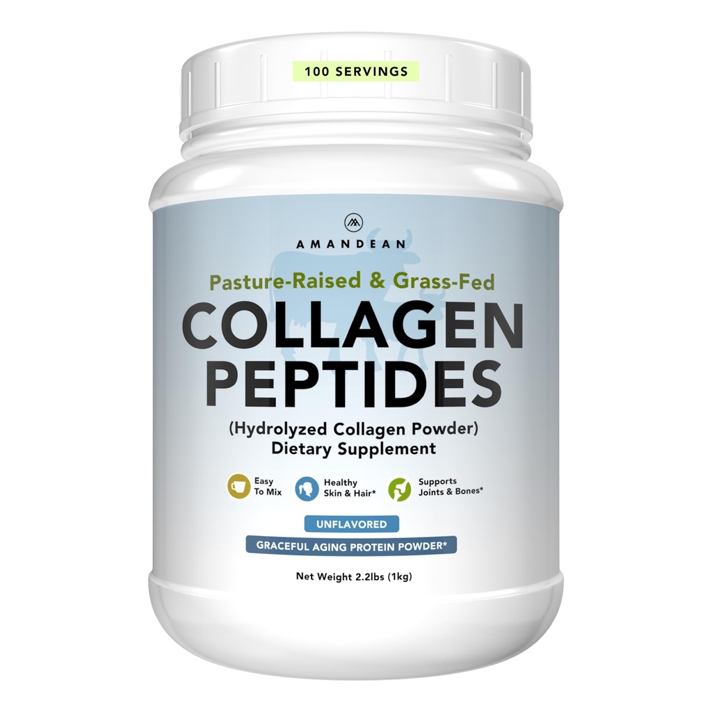 AMANDEAN Kollageeni Peptides Powder 1kg. Grass-Fed, Entsymaattisesti hydrolysoitu, tyyppi 1 & 3. Yhdistetty, helppo sekoittaa, mauton, ei-GMO. Proteiini 18 Aminohapot terveelle iholle, hiukset, kynnet.