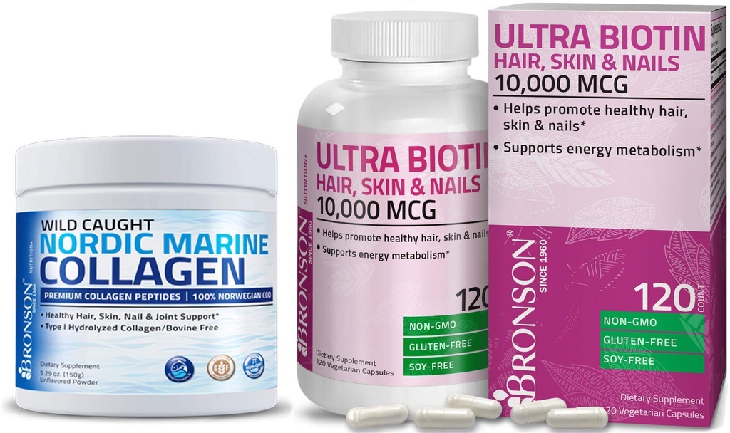 Bronson Marine Collagen Peptides Hydrolysed Protein Powder + Ultra Biotin 10 000 Mcg Hiusten iho ja kynnet täydentää