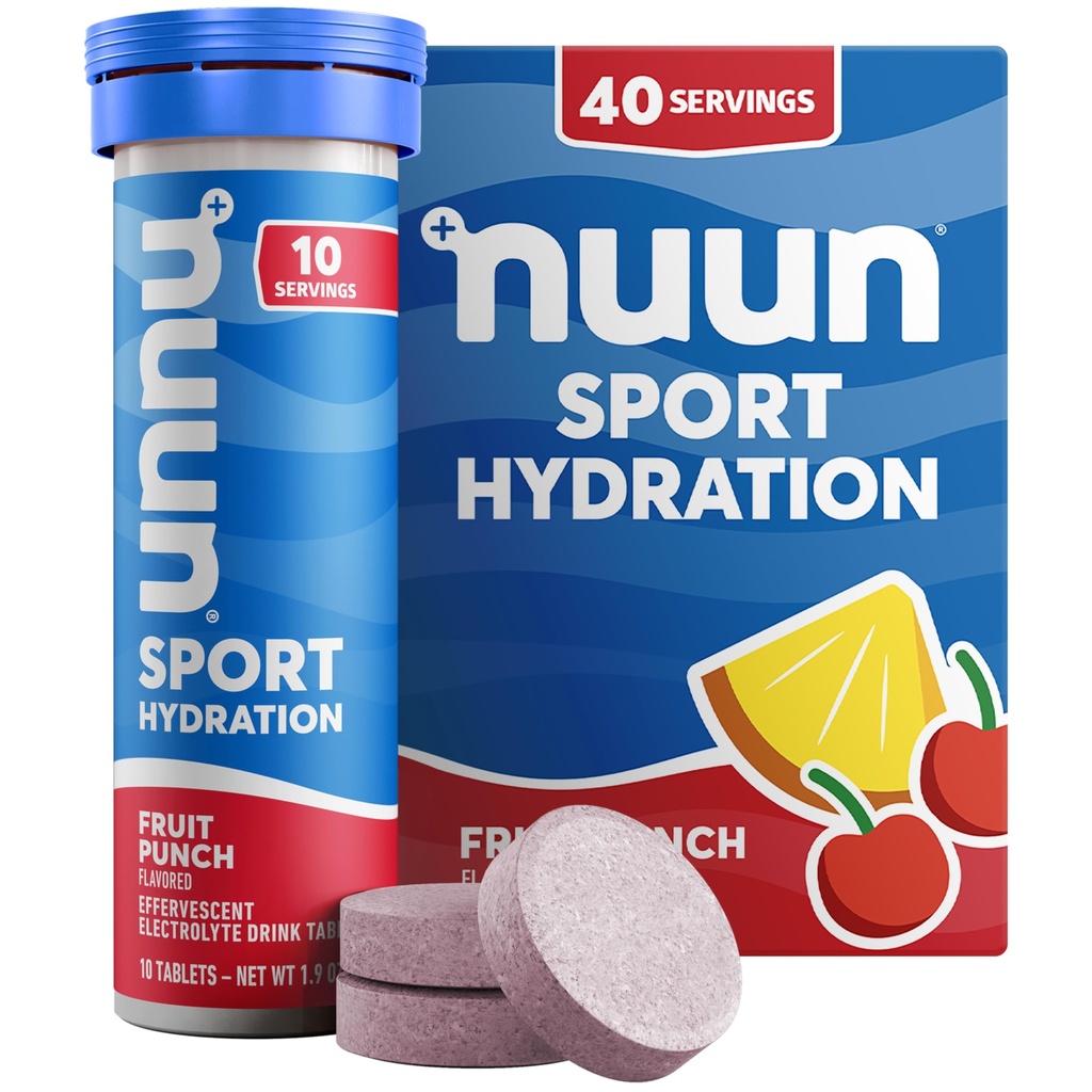 Nuun Sport Elektrolyyttitabletit, joissa on magnesiumia, kalsiumia, kaliumia, kloridia ja natriumia, gluteeniton ja vegaaninen, hedelmäpunssi, 4 pakkausta (40 tarjoilua yhteensä)